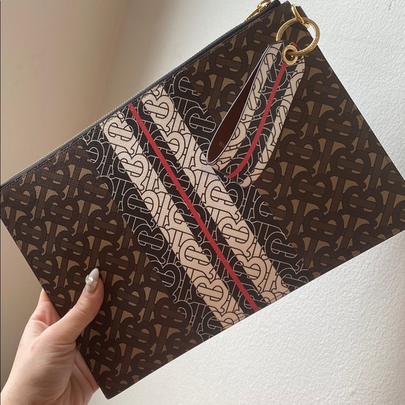 BURBERRY Monogram Strip E-canvas Zip Pouch - Picture 1 of 13